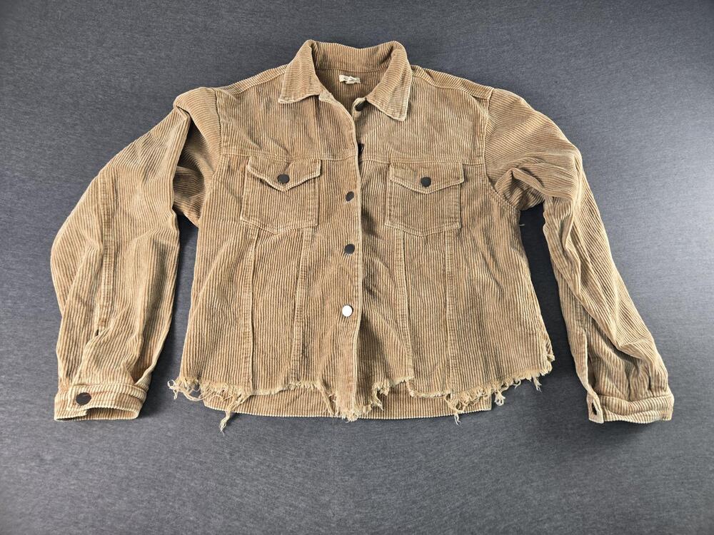POL Jacket Womens Medium Beige Corduroy Cropped Raw Hem Snap Pockets JF1003